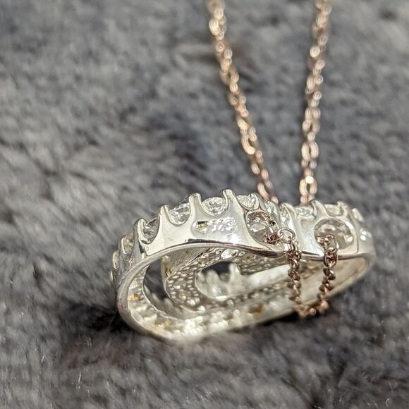 Vintage Sterling Silver & Cubic Zirconia Double Heart Necklace - Picture 8 of 15